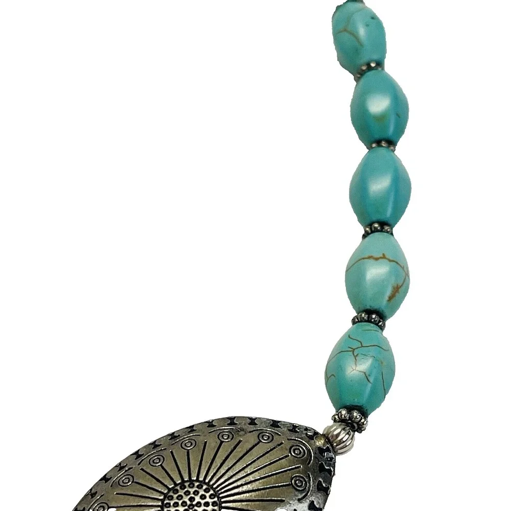 Western Necklace Turquoise Look Blue Elongated Beads Silver Tone Pendant Western
